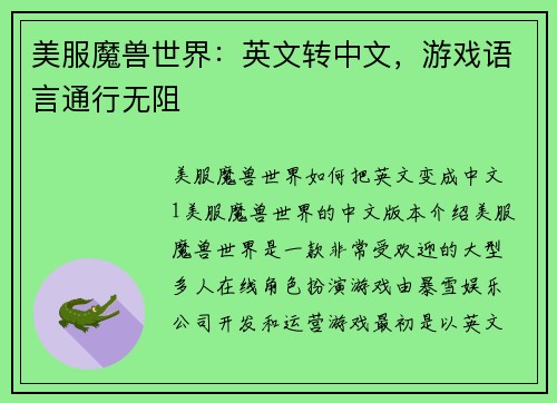 美服魔兽世界：英文转中文，游戏语言通行无阻